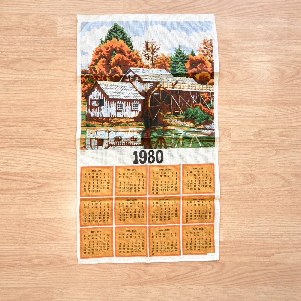 Vintage 1980 Calendar Printed Linen Tea Towel